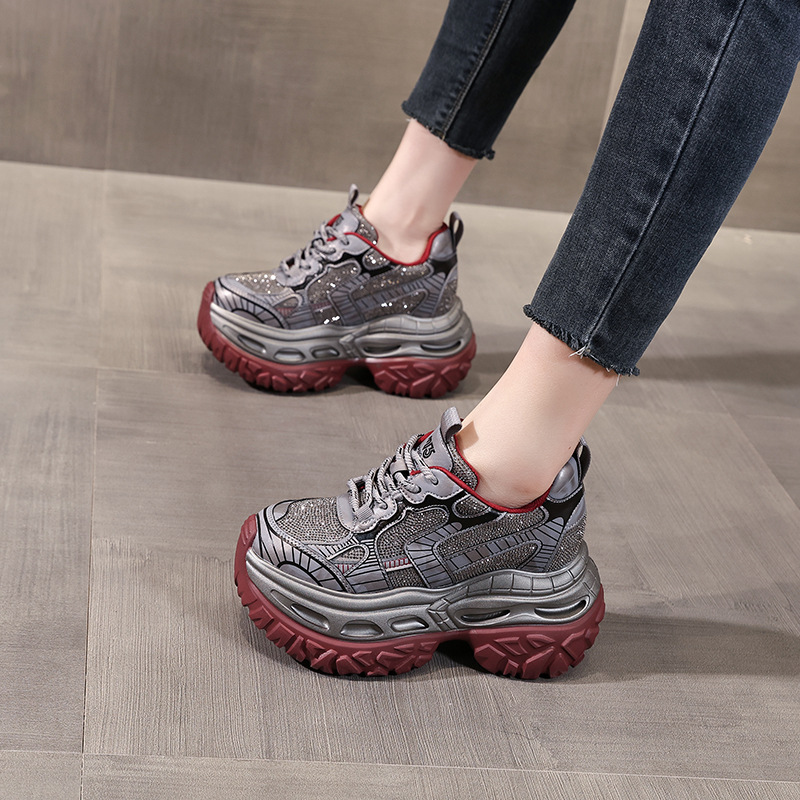 Giày thể thao nữ đế dày đính đá phong cách bố, đế platform 9 cm — súng đỏ