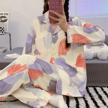 纯棉睡衣带胸垫长袖长裤女防凸点开衫翻领卡通韩版秋季全棉家居服