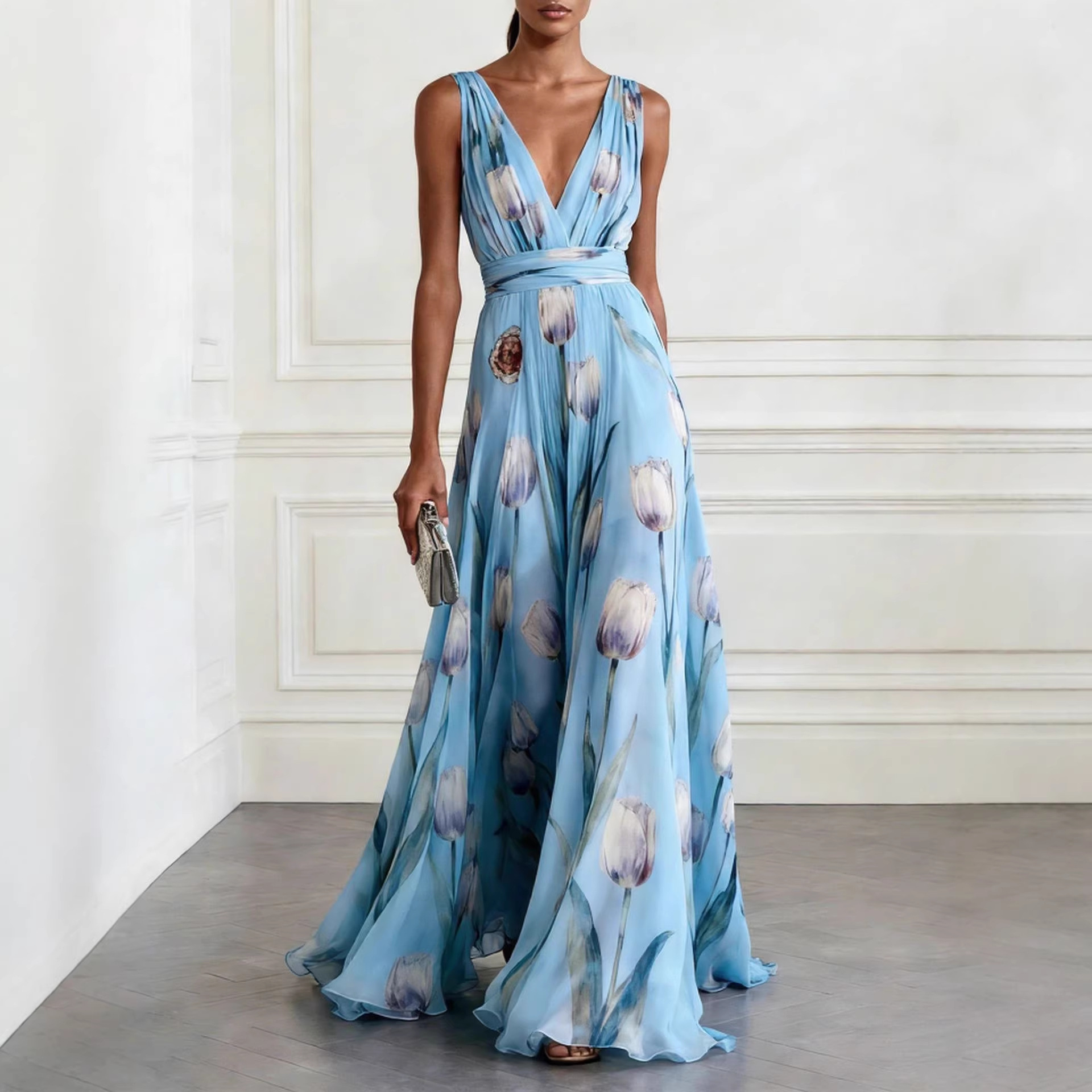 Tulip Printed Evening Dress Women's Sleeveless V-Neck Chiffon Dress_ecoleips.com