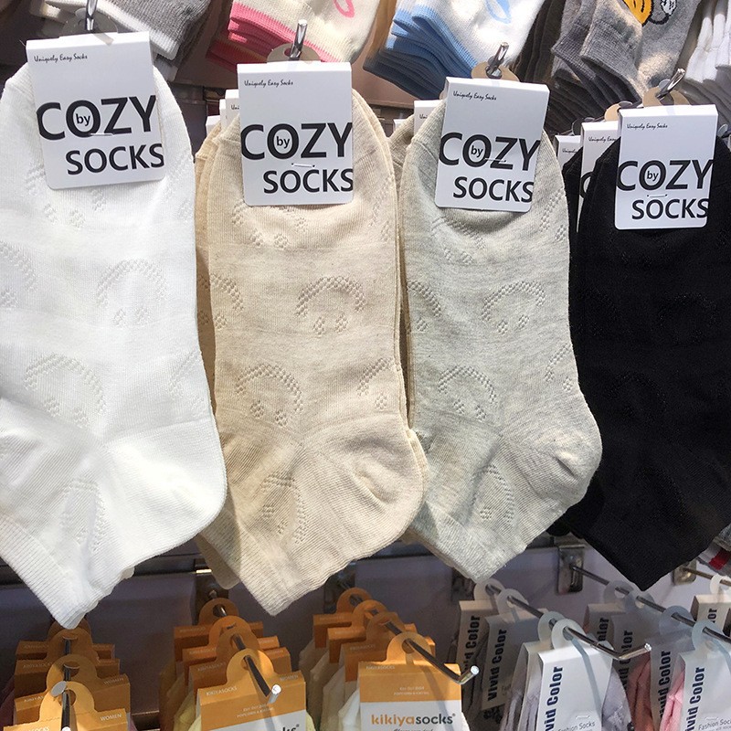 韩国袜子COZY网眼笑脸镂空透气薄款棉袜东大门日系纯色少女袜百搭
