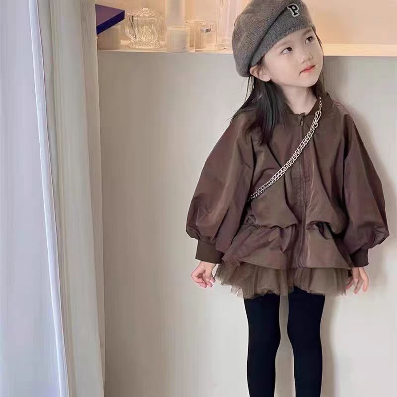 Spring and Autumn Girls' Outerwear, Stylish and Trendy Korean Style Mesh Patchwork Faux Two-Piece Jacket