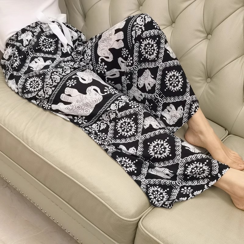 棉绸睡裤女士夏季薄款大码人造绵绸可外穿家居碎花长裤子直筒宽松|undefined