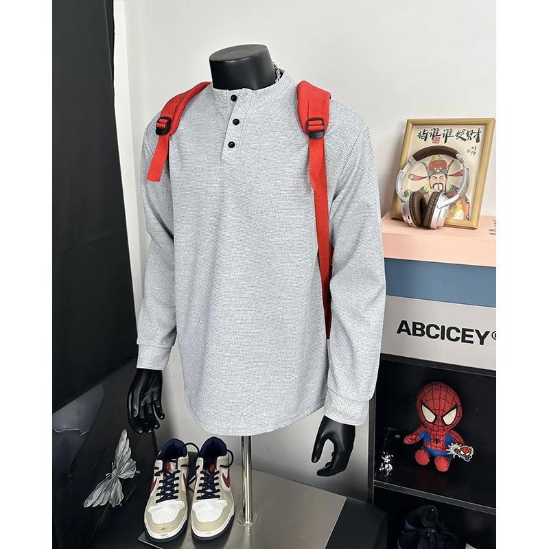 Black henley collar heavy-duty long-sleeve T-shirt for men, spring and autumn cleanfit American style trendy loose-fitting base shirt for men