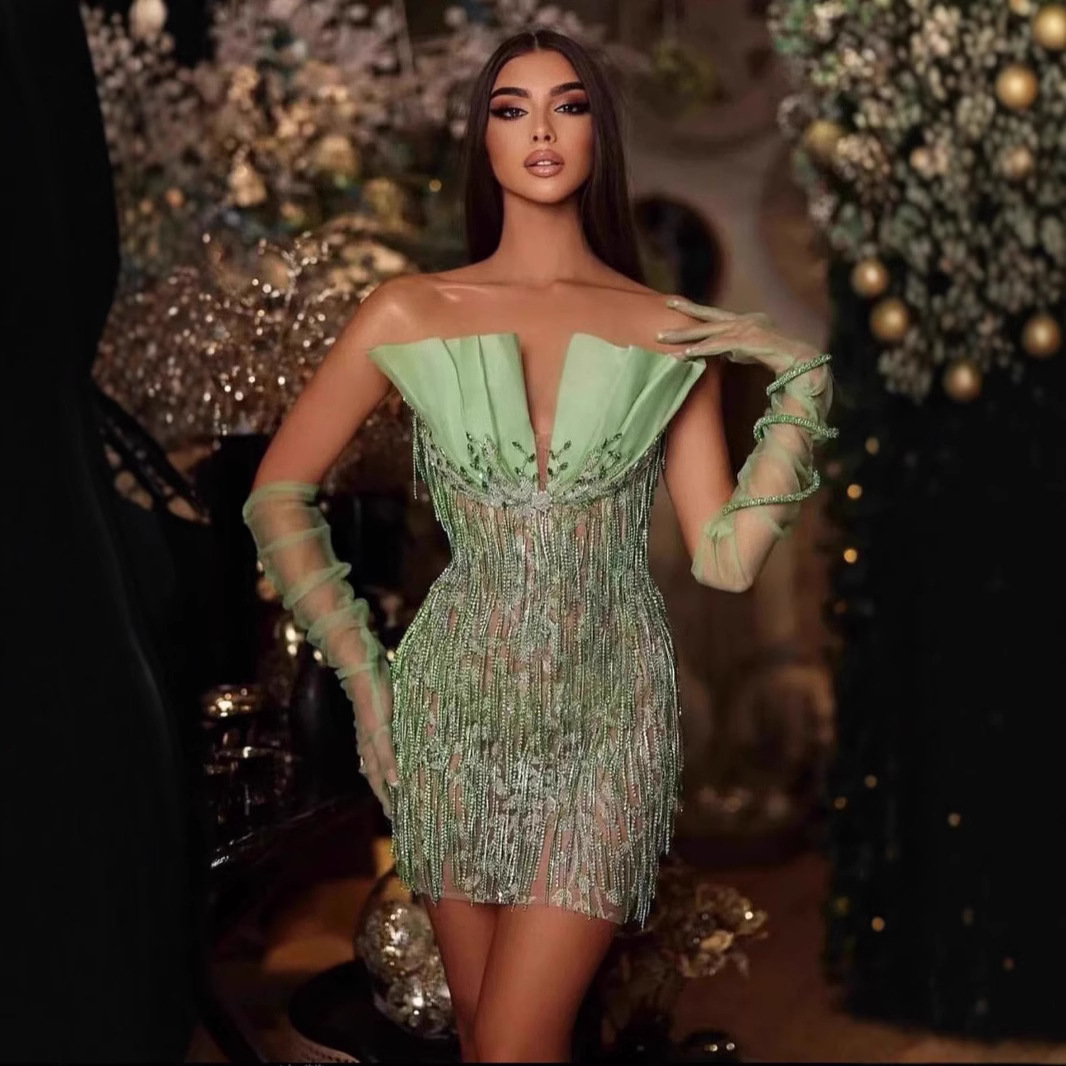 European and American New Green Sleeveless Pleated Tube Top with Diamond Tassel Tight Mini Hip dress Party Gown