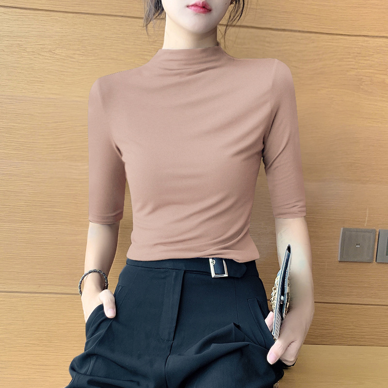 가죽 핑크 하프 터틀넥 7부소매