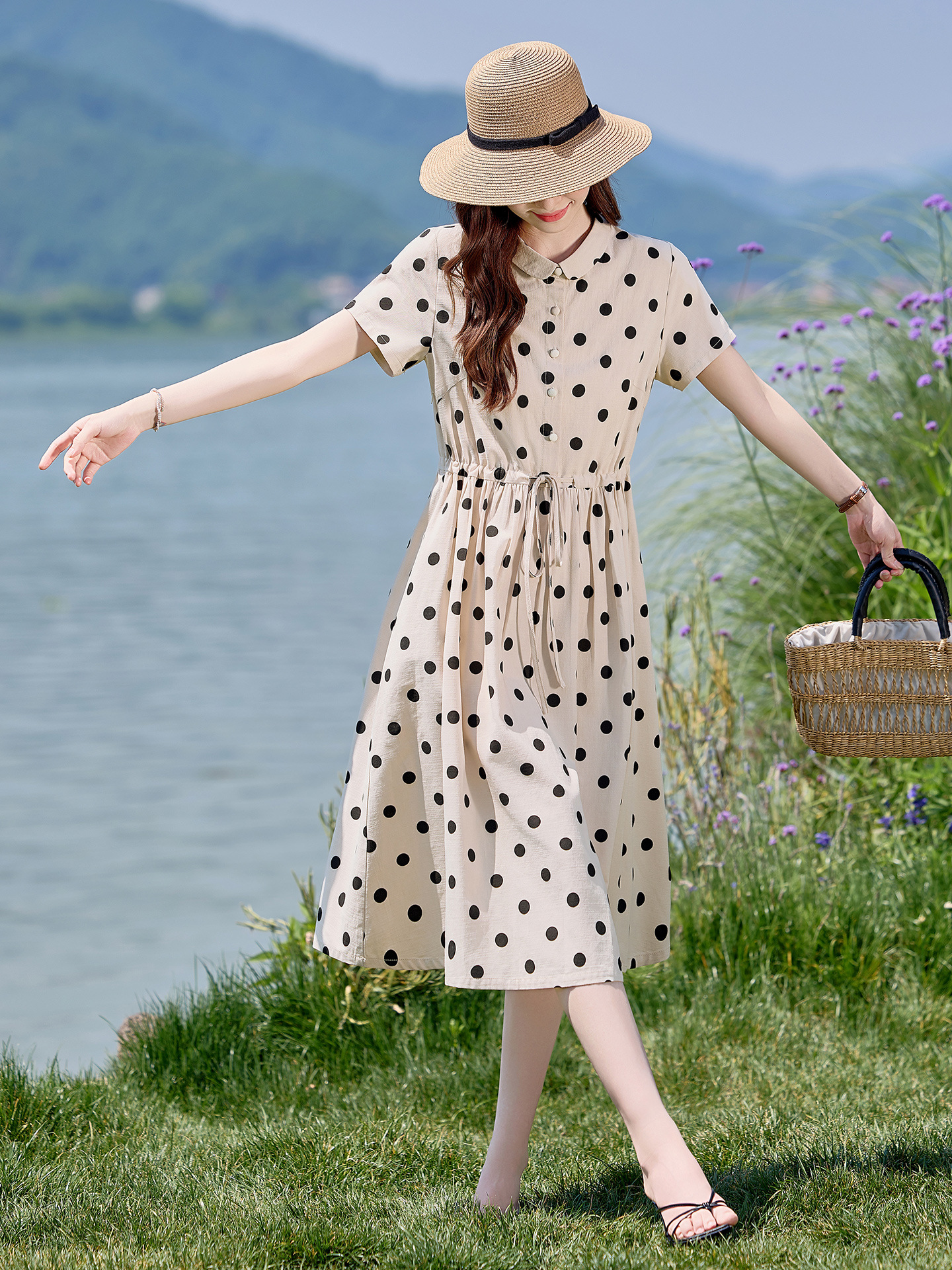 Đầm maxi nữ chấm bi in họa tiết eo thon dáng midi thời trang NI502 — màu be, màu xanh