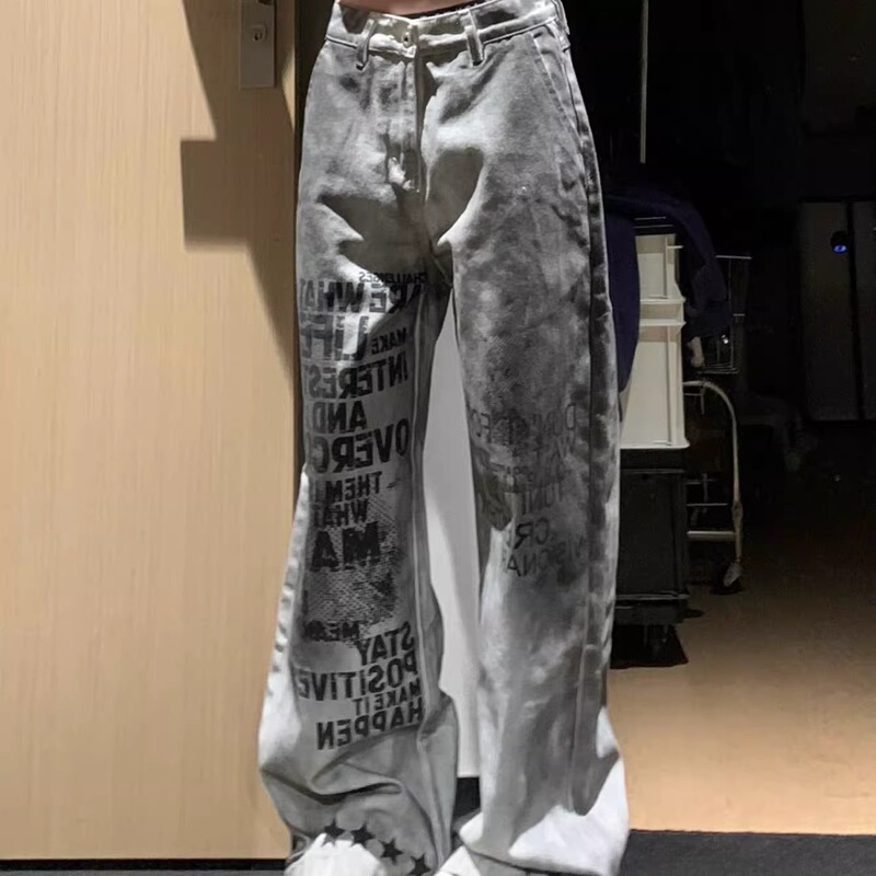 American-style vintage niche heavy-duty spray-painted distressed graffiti star jeans for men and women, street punk wide-leg straight pants