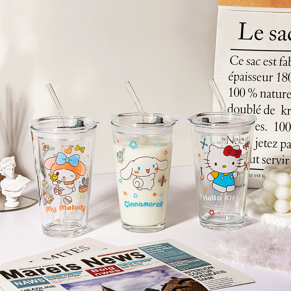 Sanrio glass net red straw cup girl heart scale milk cup drink juice INS wind belt covered milk cup