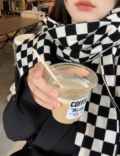  New Internet Celebrity Checkerboard Plaid Scarf Women's Autumn and Winter Student Versatile Warm Knitted Scarf Women's Winter Long Style