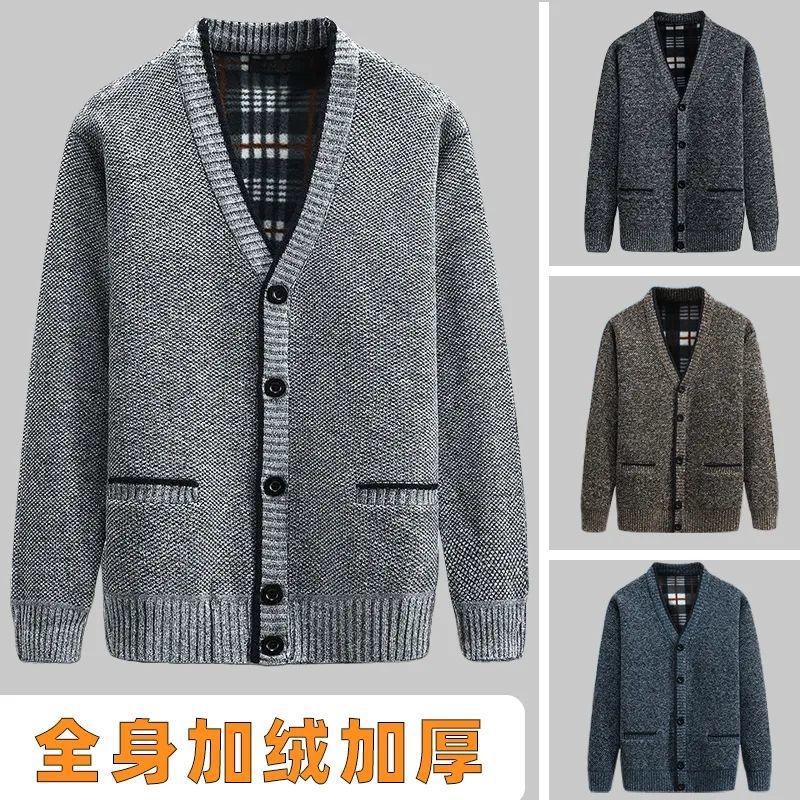 中老年男士针织衫毛衣爸爸装秋冬季加绒加厚领开衫线衣爷爷外套