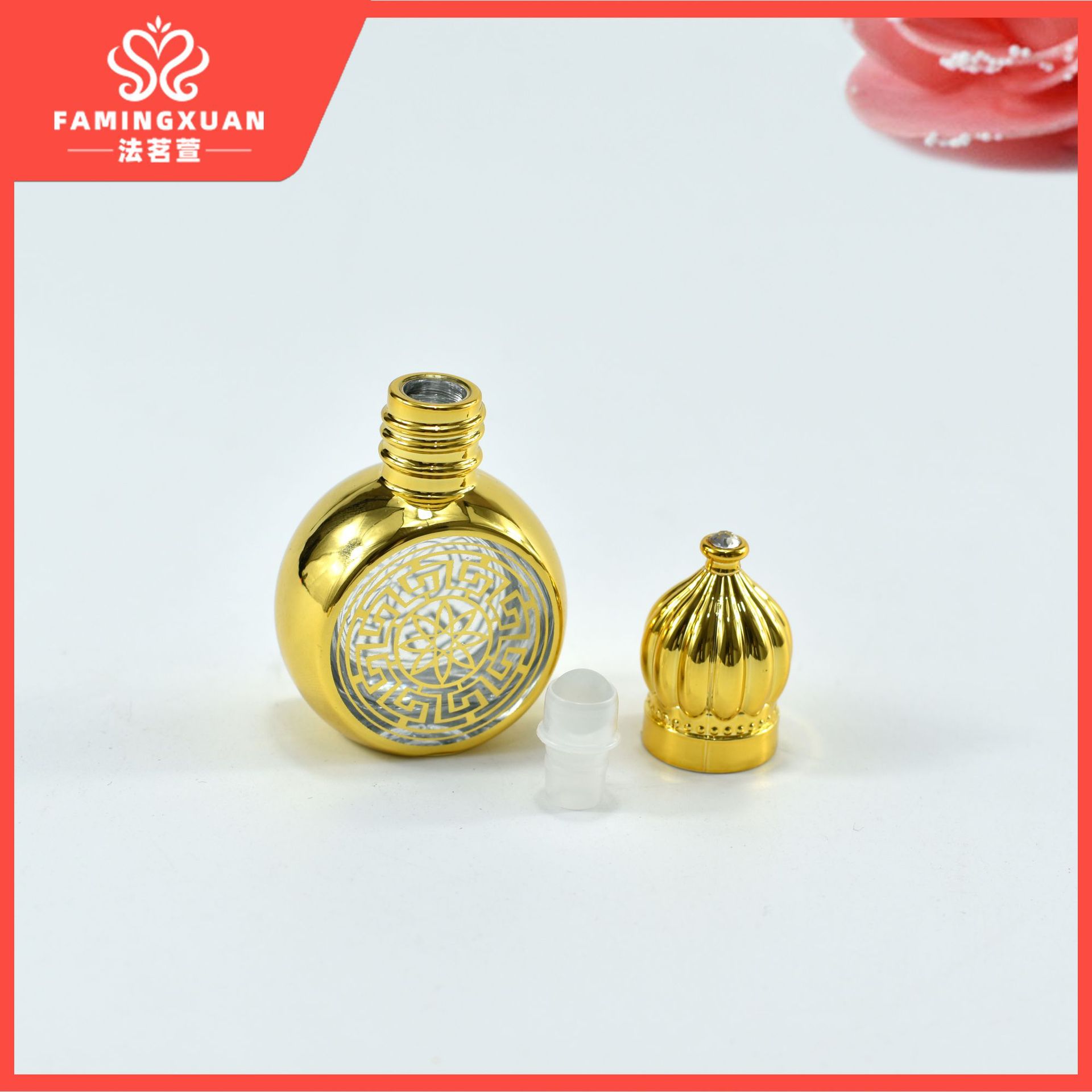Faimingxuan sub-embalaje botella vacía botella de vidrio a granel perfume botella vacía 10ML botella de perfume de bola de vidrio dorado