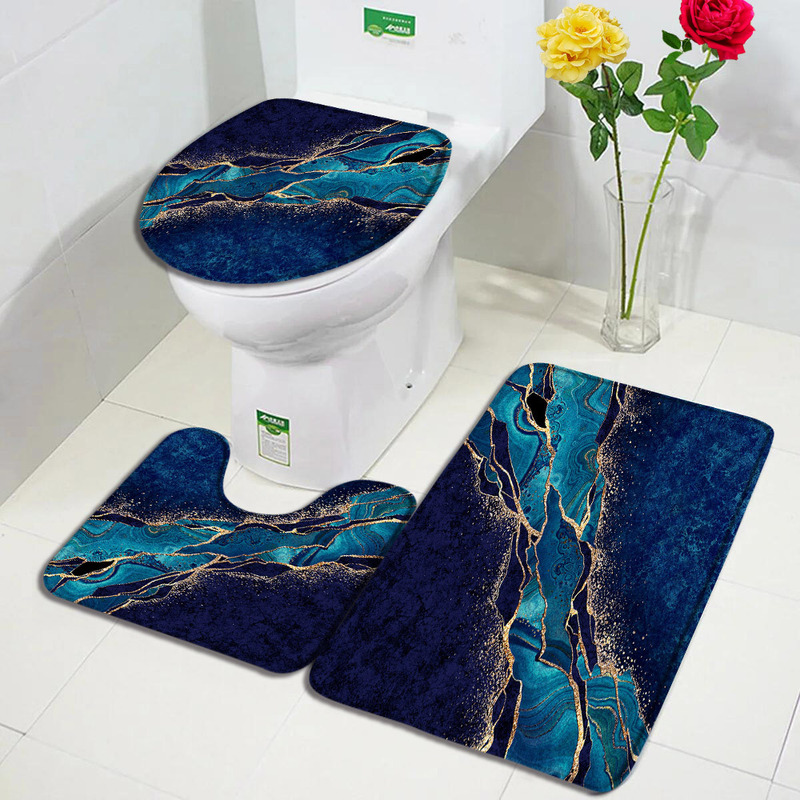 Abstract Blue Marble Bath Mat Three-piece Set Gold Thread Geometric Flannel Carpet Bathroom Decorative Carpet Non-slip
