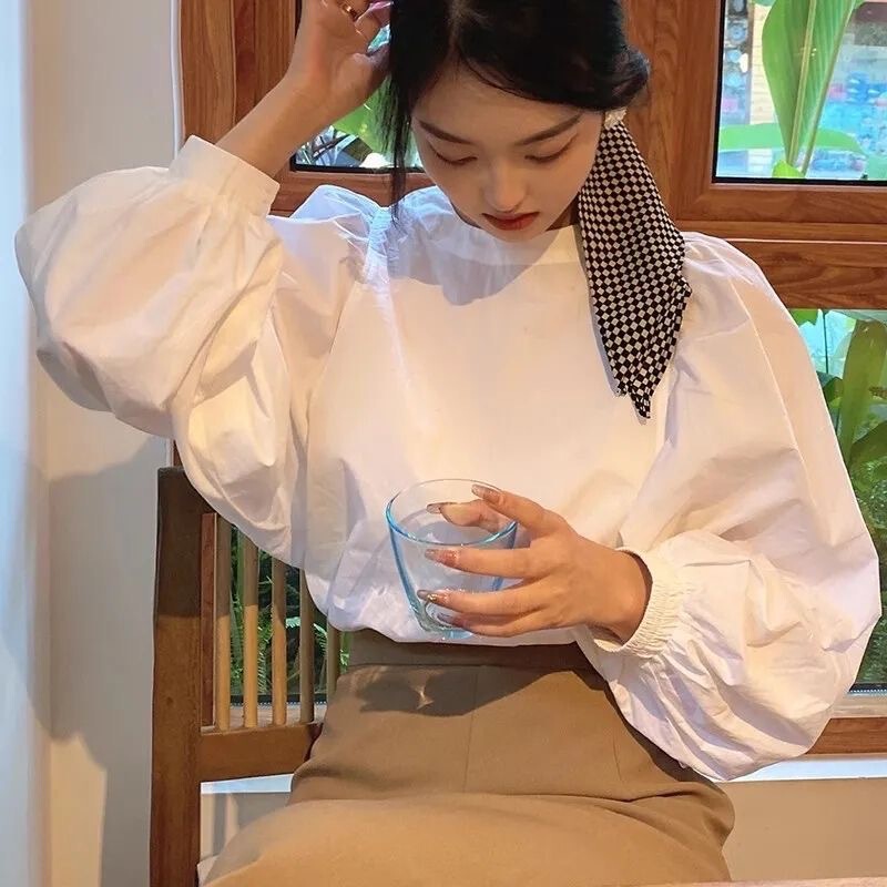 法式宽松白色泡泡袖圆领衬衫女装早秋新款设计感衬衣别致小众上衣|undefined
