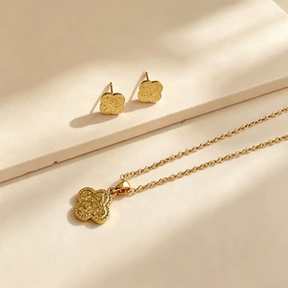 法式锤纹四叶花朵首饰套装女小众轻奢肌理幸运草耳钉项链百搭配饰