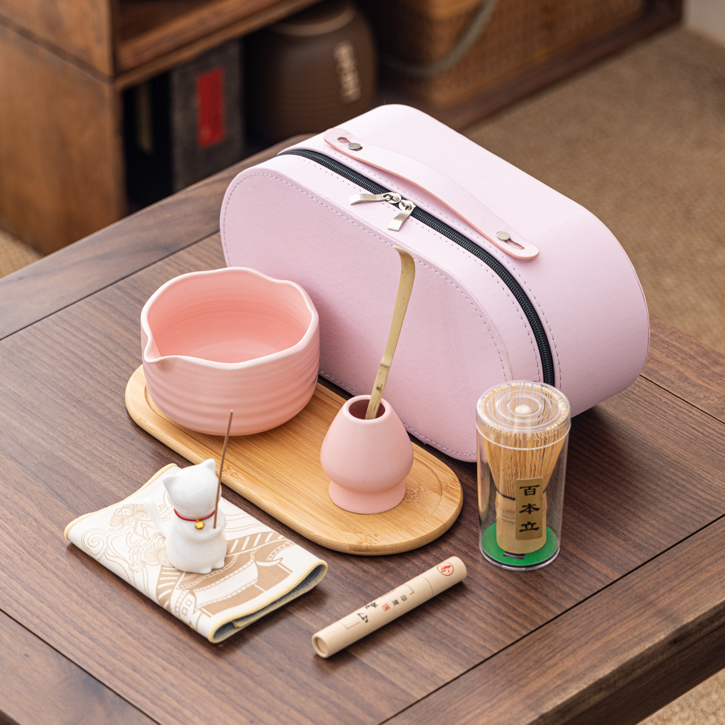 Cuenco de matcha corrugado caja de cuero set adorable gatito Xiangdao ocho piezas set punto té 100 tazas de té