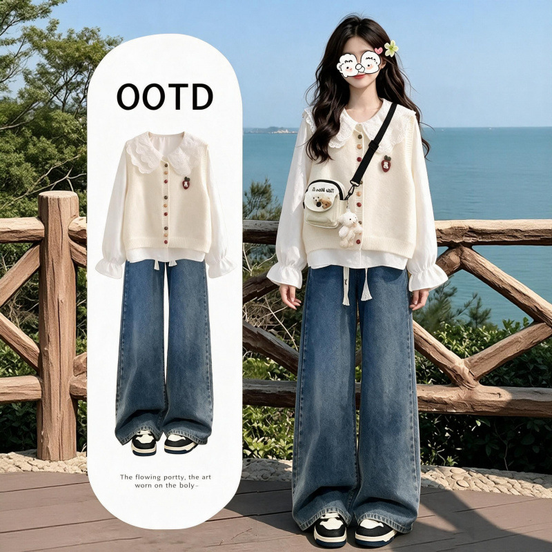 Autumn Women's Set 2026 New Style Fresh and Cute Knitted Vest Shirt and Jeans Three-Piece Set