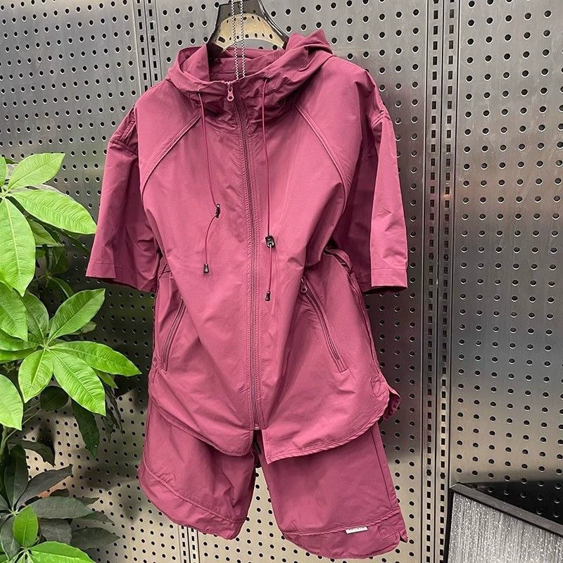 Летний цветной легкий дышащий костюм, защита от солнца, шорты с короткими рукавами и капюшоном, комплект из двух предметов, модная свободная рабочая одежда, повседневные брюки