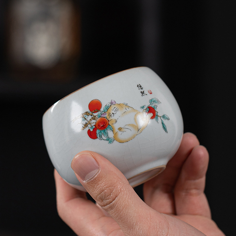 汝窑功夫茶具茶杯子主人杯单杯女开片可养品茗杯单个茶碗陶瓷大号