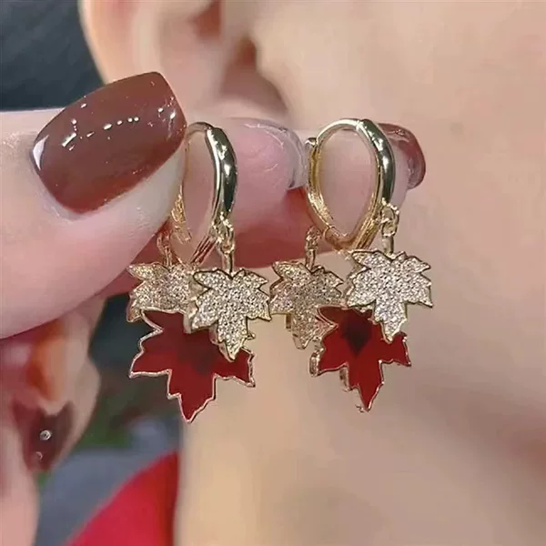 Vintage Ancora Red Maple Leaf Diamond Ear Buckle Women's Light Luxury High-end Sense Niche Instagram Style Elegant Fashionable Earrings for Women