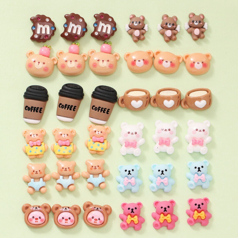 Cartoon Bear Coffee Manicure Jewelry Wearable Nail Decorations DIY Clothing Hairpins Earrings Ear Clip Accessories