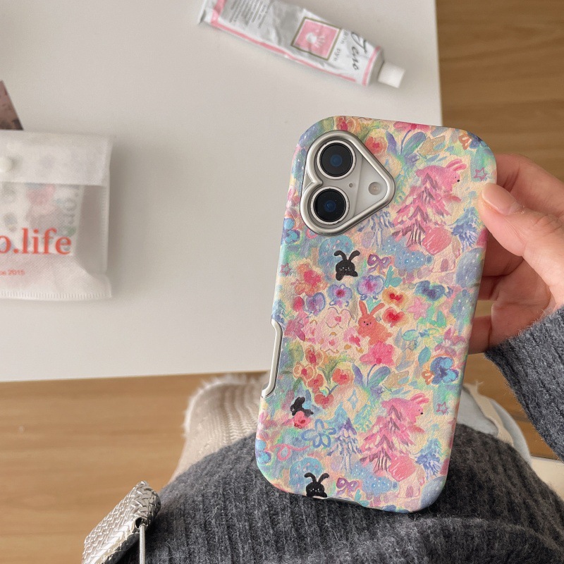 Estilo pastoral pintura al óleo flores de colores conejo para iphone15/16 funda para teléfono móvil 16Pro chica 14PM dibujos animados