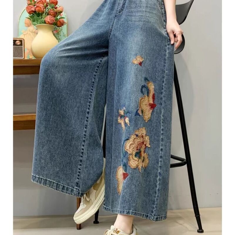 Autumn New Ethnic Style Embroidered Denim Straight Pants for Women, Loose Slimming Harem Pants, Washed Casual Wide-Leg Pants for Women