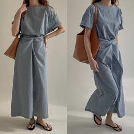 韩国东大门法式复古条纹设计纽结绑带气质长款连衣裙女装2025新款