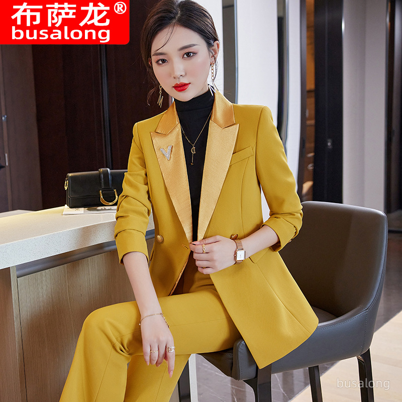 busalong韩版女士长袖职业西服正式西裤套装面试销售工作服 9696