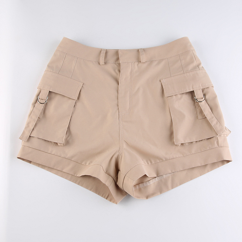 high waist tooling pocket slim solid color shorts NSRUI134560