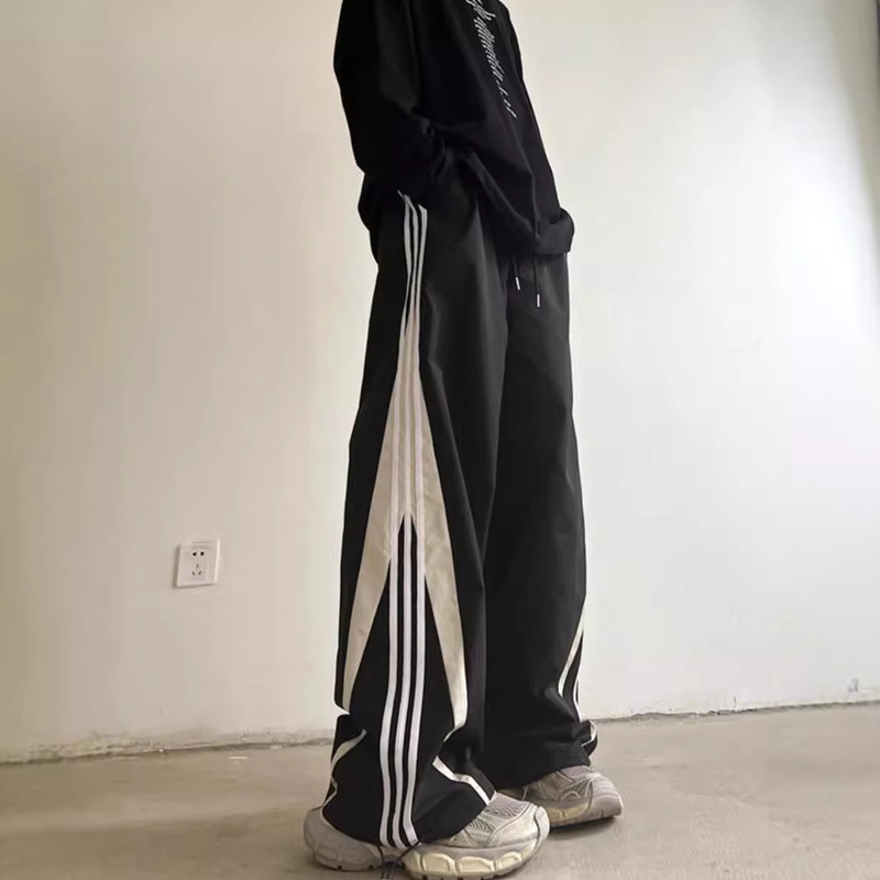 American Style Campus Style Pants Men's Autumn 2024 New High-end Color Contrast Striped Sports Tooling Wide Leg Casual Pants