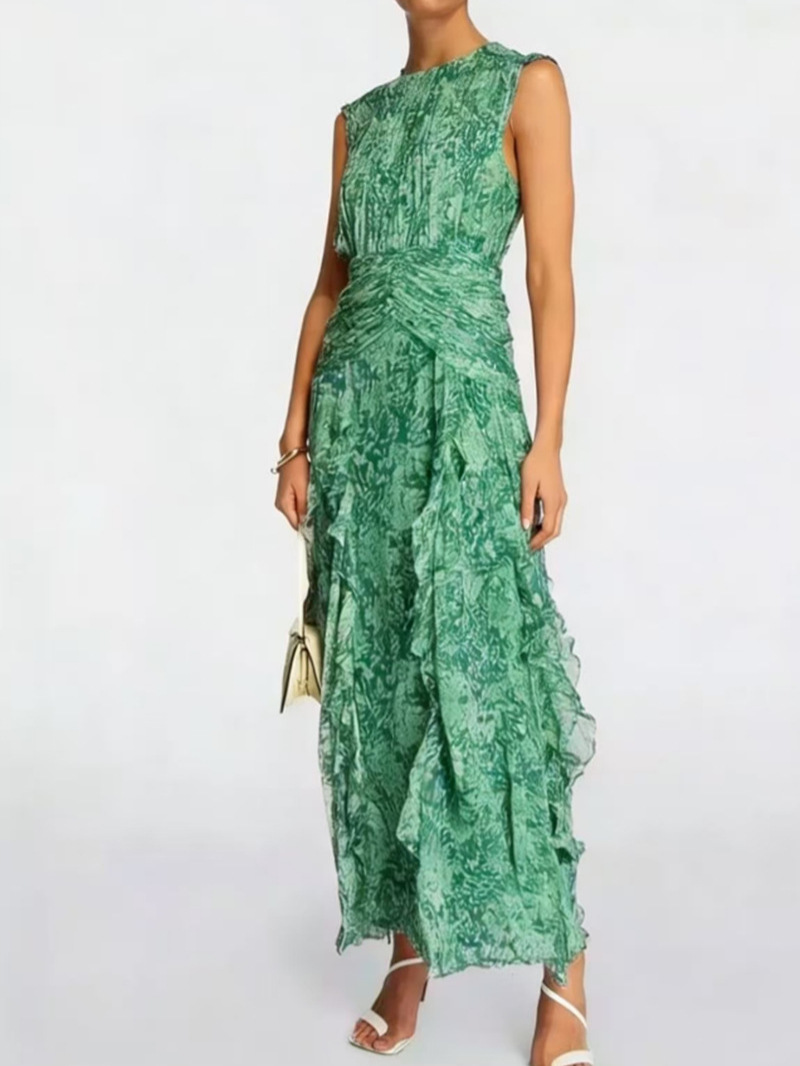 2026 Europeu e americano transfronteiriço nova primavera e verão sem alças Europeu e americano feminino com decote em V chiffon estampado fada vestido de noite de temperamento longo