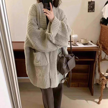 跨境女装中长款加厚毛衣外套秋冬新款欧美宽松大码慵懒风针织开衫