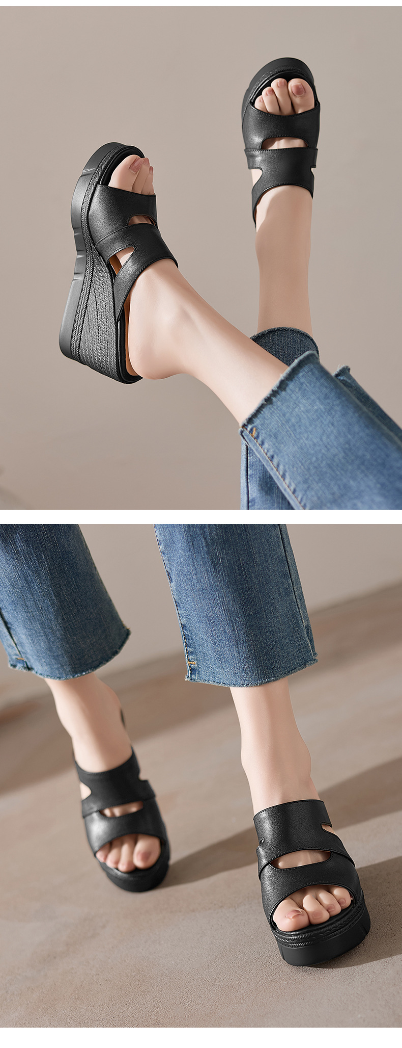 Sandal cao gót nữ hở mũi đế xuồng dày 10 cm — đen chi tiết 8