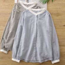 蓝白文艺复古竖条纹长袖棉质小立领衬衫女春秋宽松百搭衬衣休闲
