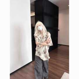 美式树纹肌理花瓣休闲宽松古巴西装领短袖衬衫男女bf中性情侣衬衣