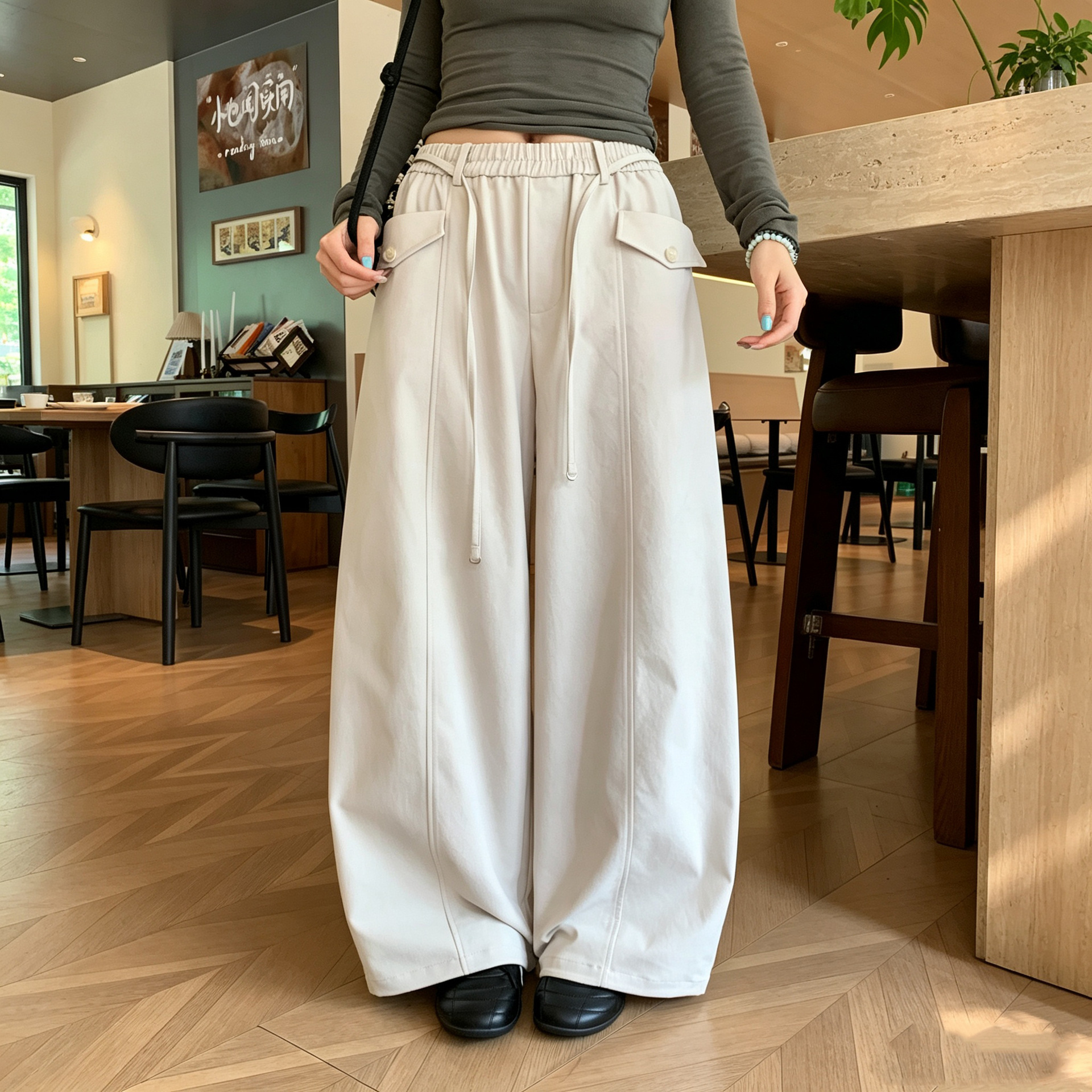 速干运动阔腿裤女夏秋薄款2026新款螺纹高腰美式健身休闲工装长裤