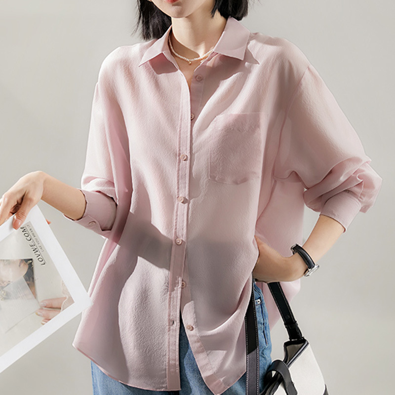 Silk Acetate Shirt in 6 Macaron Colors, Thin Sun-Protective Shirt in Pink and Purple, 2026 White Blouse for Women
