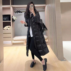 2025冬季新款系带收腰长款羽绒服加厚连帽过膝女士保暖白鸭绒外套