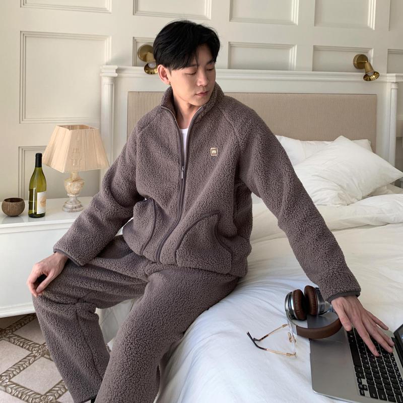 CaCa情侣睡衣羊羔绒冬季立领拉链男休闲外穿运动加厚家居服女套装|undefined