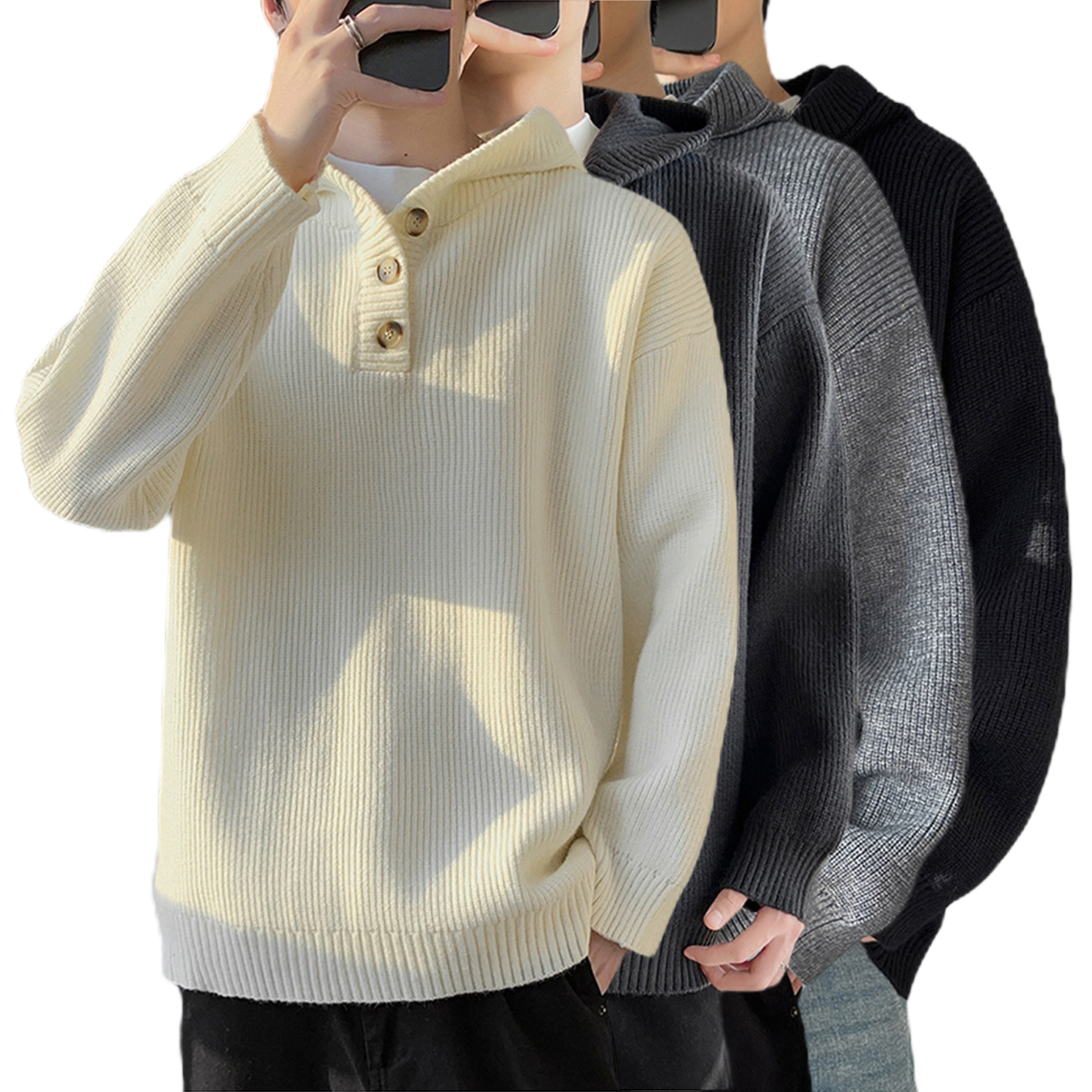 Explosiones transfronterizas de tamaño europeo suéter de punto con capuzas hombre flojo viento medio abierto botón fábrica de marea al por mayor