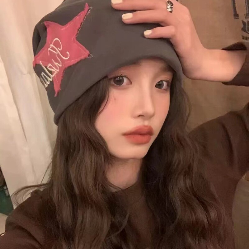 Cotton Knit Beanie for Women, Versatile College Style Slouchy Hat, Autumn and Winter Star Turban Hat, Ear-Protecting Postpartum Hat