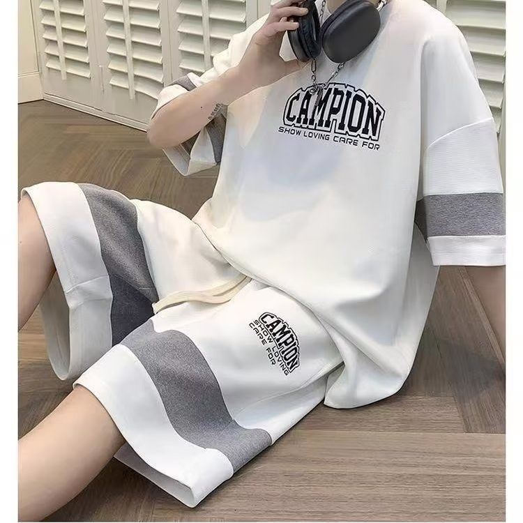 Pantalones cortos de seda de hielo traje de verano de los hombres estudiantes de secundaria delgada guapo deportes pantalones cortos casuales traje de dos piezas