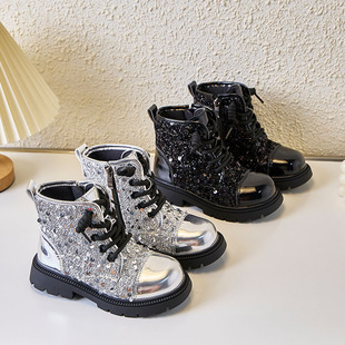 Children's Sequin Autumn and Winter Kidsren's Shoes Girls' Boots Spliced ​​Baby Girl Fashion Boots Soft-Soled Short Boots