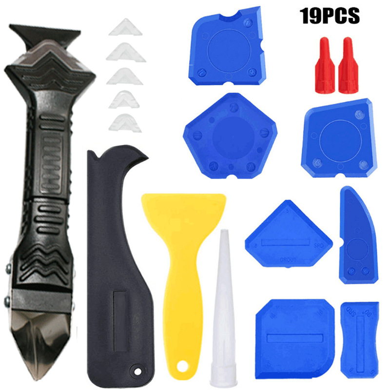 19 종 세트 (3in1 메탈 스크레이퍼 + 연질 고무 헤드 6 개 + 음양 고무 스크레이퍼 4 개 + 음각 스크레이퍼 4 개 02 + 노란색 삽날 1 개 + 하드 1 개 고무 노즐 + 2 적색 고무 노즐 커버)