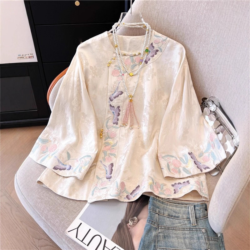 New Chinese Style National Style Embroidered Tang Suit Shirt for Women 2025 New Early Autumn Large Size Fat mm Belly-Covering Satin Shirt Top