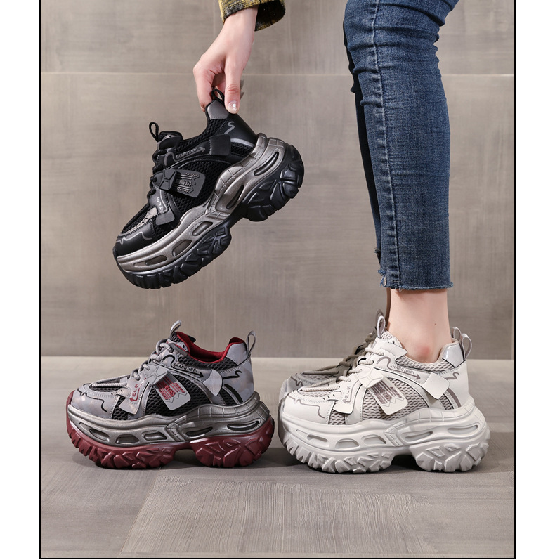 Giày sneaker nữ chunky đế dày tăng chiều cao 9 cm phong cách thể thao — sâm panh chi tiết 16