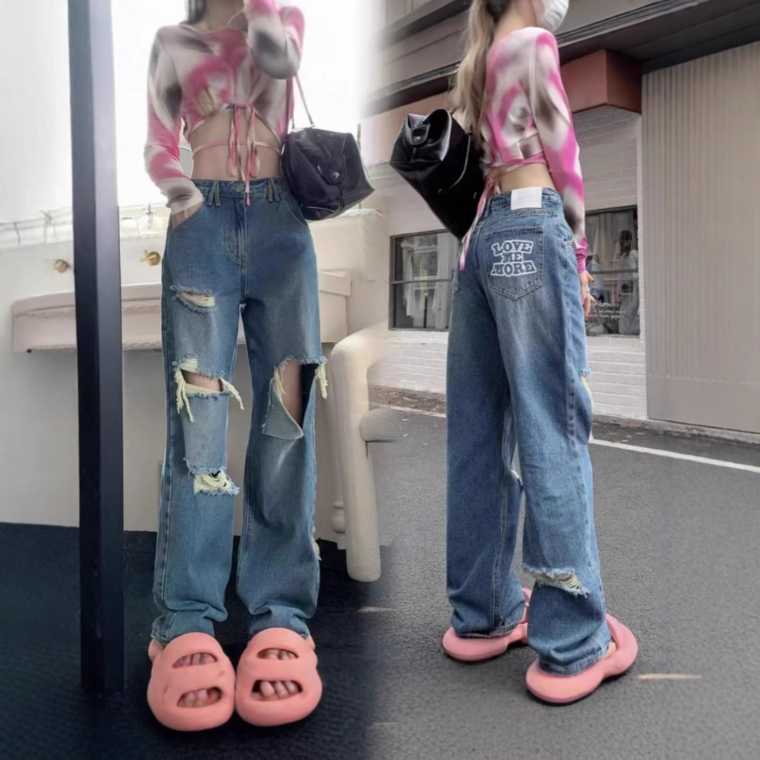 2025 Summer Retro Double Ripped Flared Jeans for Women with Frayed Cut Casual Pants for Women