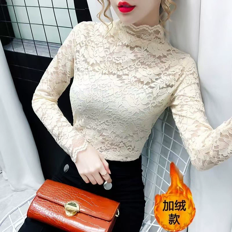 Demi-season sexy keep warm lace silk body-friendly long-sleeve, western style, high collar