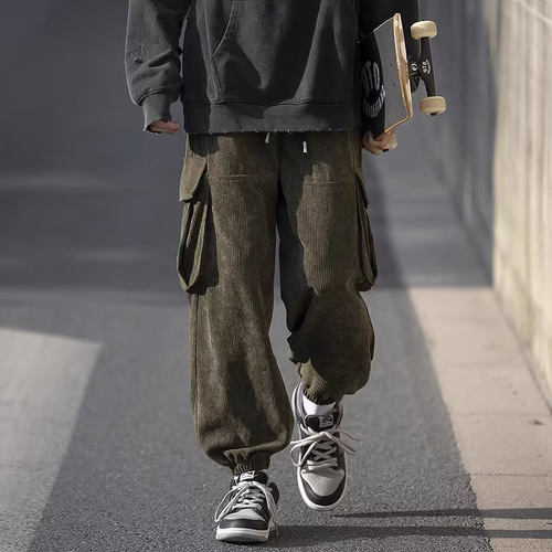 Japanese corduroy work pants for men, autumn American casual retro multi-pocket high street loose plus-size tie-up pants