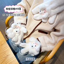 新款可爱分指翻盖毛绒手套女秋冬季保暖加绒加厚可爱学生保暖手套